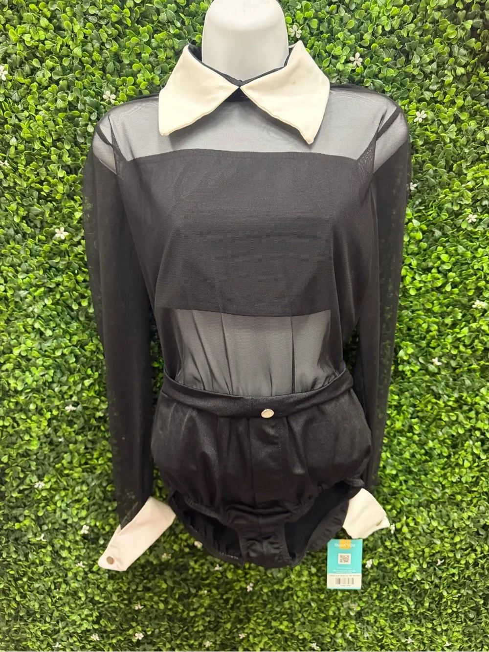Black Sheer Dance Bodysuit with Cream Collar and Cuffs and Red Skirt
